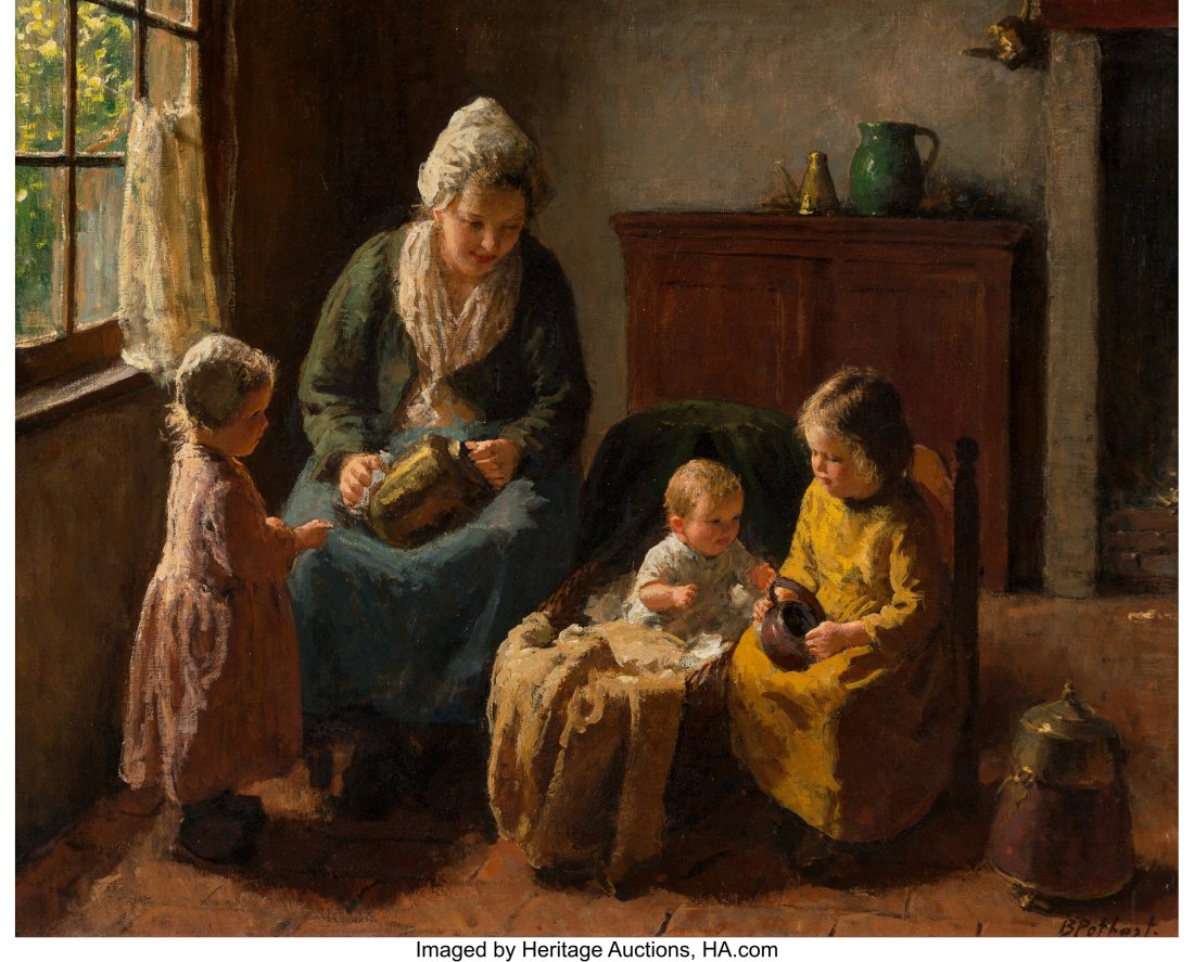 Bernard Pothast (Dutch, 1882-1966) Polishing the: Bernard Pothast (Dutch, 1882-1966) Polishing the silver Oil on canvas 16 x 20 inches (40.6 x 50.8 cm) Signed lower right: B Pothast PROVENANCE: Private collection, Vero Beach, Florida: Heritage Auctio