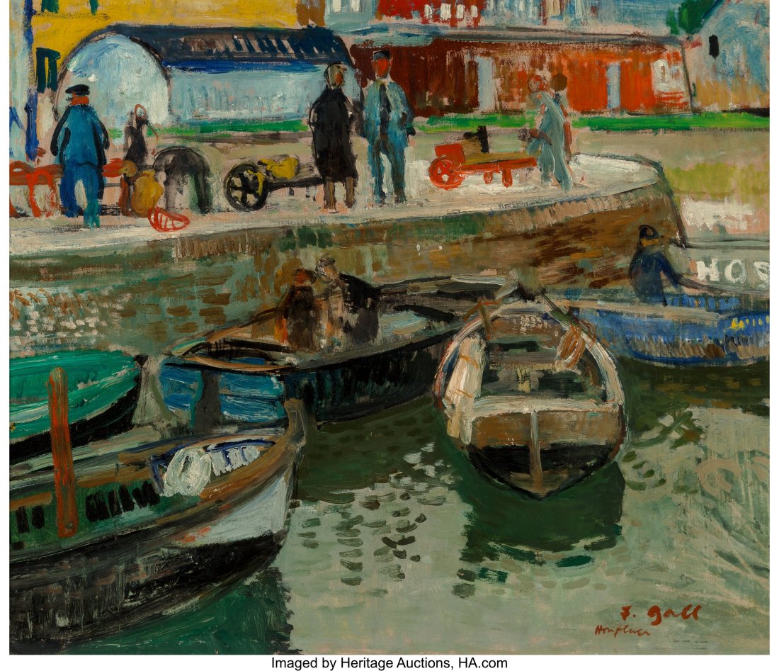 François Gall (French, 1912-1987) Honfleu: François Gall (French, 1912-1987) Honfleur harbour, 1954 Oil on board 19-1/2 x 24 inches (49.5 x 61.0 cm) Signed and inscribed lower right: F Gall / Honfleur PROVENANCE: I. Oscar Herner, Galer&