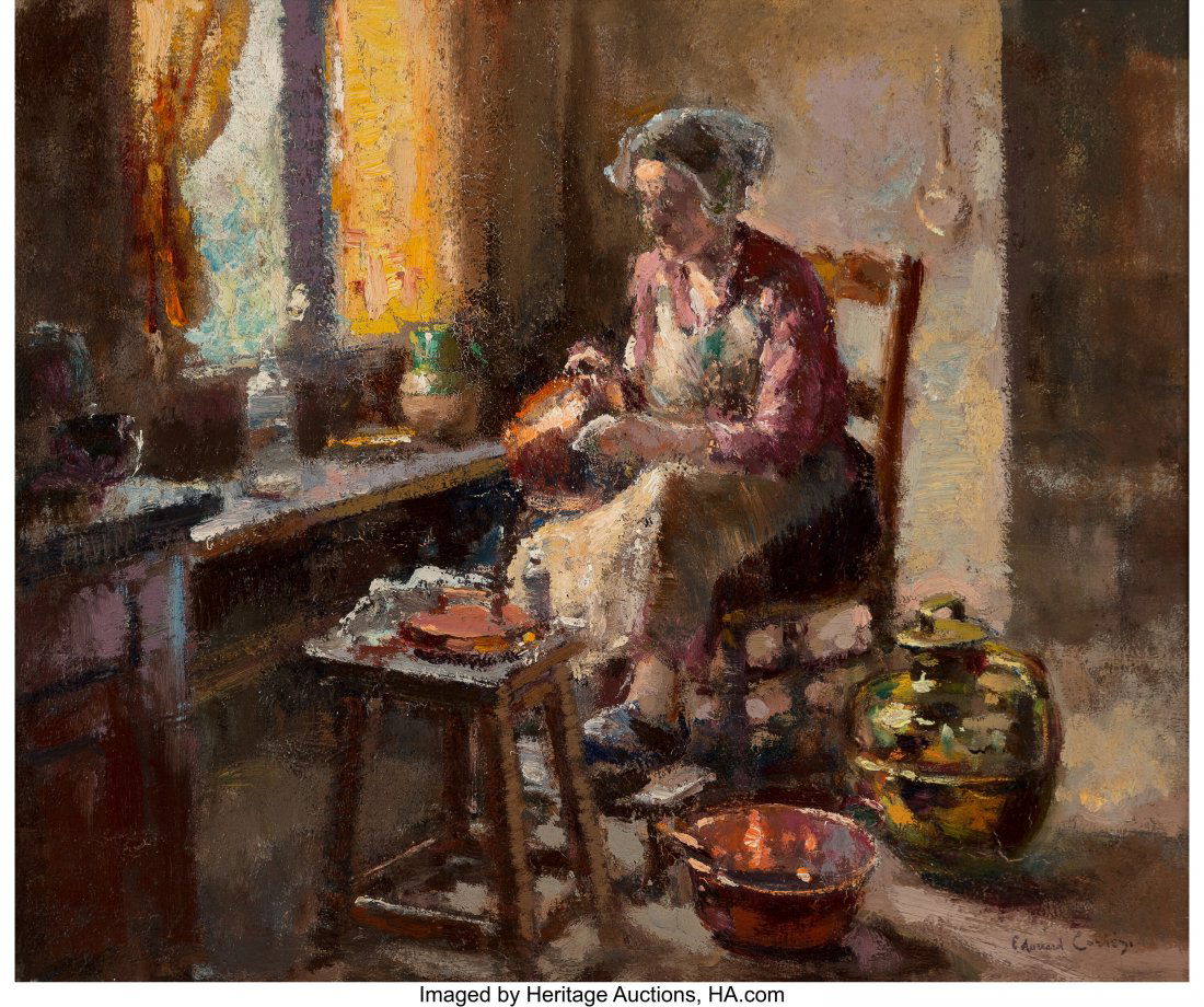 Edouard-Léon Cortes (French, 1882-1969) L: Edouard-Léon Cortes (French, 1882-1969) La couturière Oil on panel 15 x 18 inches (38.1 x 45.7 cm) Signed lower right: Edouard Cortes Signed and titled on exhibition label affixed to the