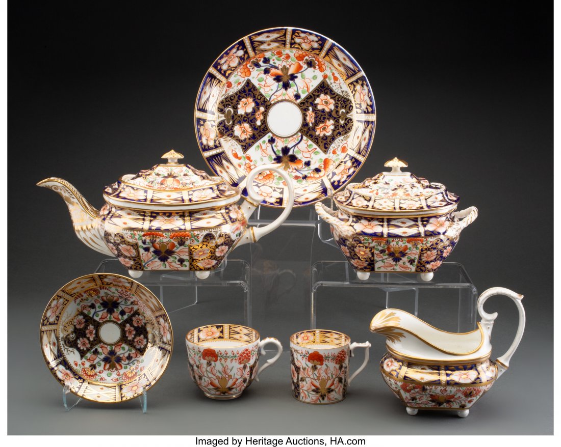 A Twenty-Seven-Piece Derby Porcelain Kings Patte: A Twenty-Seven-Piece Derby Porcelain Kings Pattern Tea and Coffee Service, circa 1820 Marks: (crown-crossed batons-D) 6 x 11-1/2 x 5-1/4 inches (15.2 x 29.2 x 13.3 cm) (largest, teapot) The service co