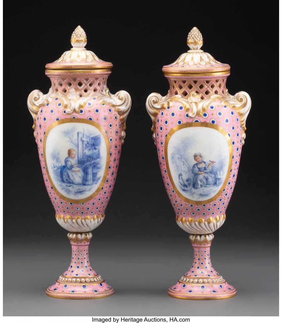 A Pair of Sèvres-Style Porcelain Covered: A Pair of Sèvres-Style Porcelain Covered Vases, France, 1762 Marks: (crossed L's-I), (sun) 10-3/4 x 4-1/2 x 3 inches (27.3 x 11.4 x 7.6 cm) (each) Property from the Estate of Dr. Terry Berreth,