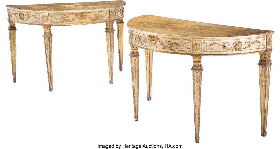 A Pair of Italian Neoclassical Carved Giltwood D: A Pair of Italian Neoclassical Carved Giltwood Demi-Lune Console Tables, 19th century 34 x 52-1/2 x 26 inches (86.4 x 133.4 x 66.0 cm) HID03101062020 © 2020 Heritage Auctions | All Rights Reserve