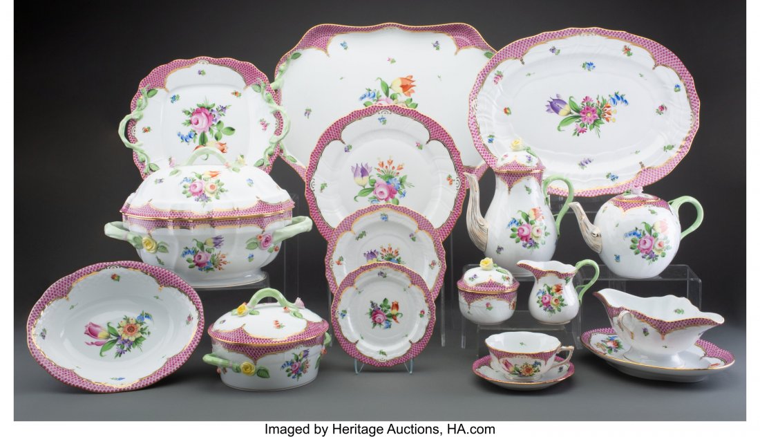 A Sixty-Three-Piece Herend Custom-Ordered Raspbe: A Sixty-Three-Piece Herend Custom-Ordered Raspberry Printemps Partial Gilt Porcelain Dinner and Tea Service for Ten, 20th century Marks: HEREND·HVNGARY, IPI, (shield), (crossed paint brushes),