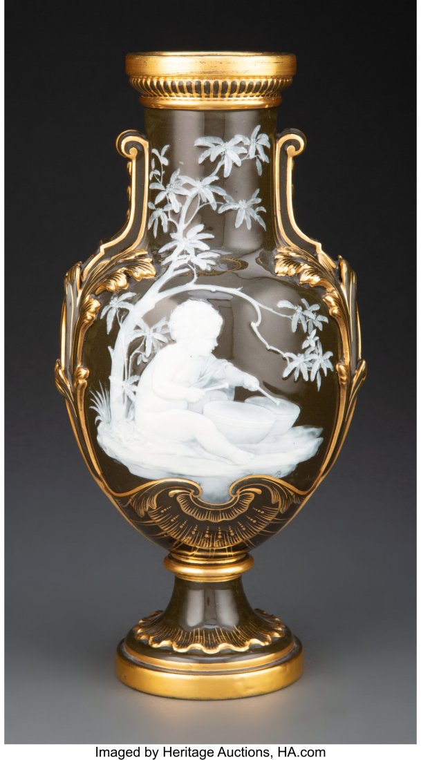 A Mintons Partial Gilt Pâte-sur-Pâ: A Mintons Partial Gilt Pâte-sur-Pâte Porcelain Vase Decorated by Albion Birks, England, circa 1900 Marks: (crown-globe-MINTONS), ENGLAND 10-1/2 x 5-1/4 inches (26.7 x 13.3 cm) Property fro
