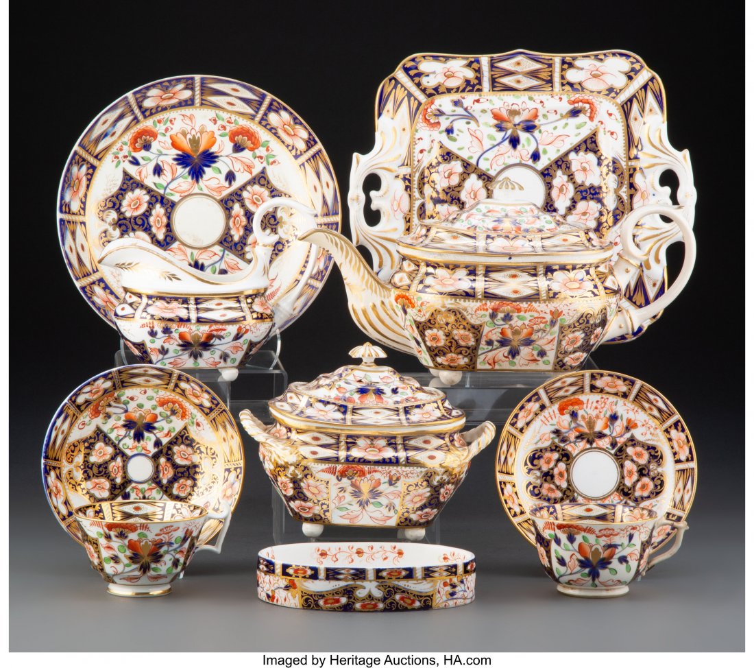 A Thirty-One-Piece Derby Porcelain Assembled Tea: A Thirty-One-Piece Derby Porcelain Assembled Tea Service, 1806-1825 and later Marks to largest: (crown-crossed batons-D) 6-1/2 x 11-1/2 x 5 inches (16.5 x 29.2 x 12.7 cm) (largest, teapot) The service
