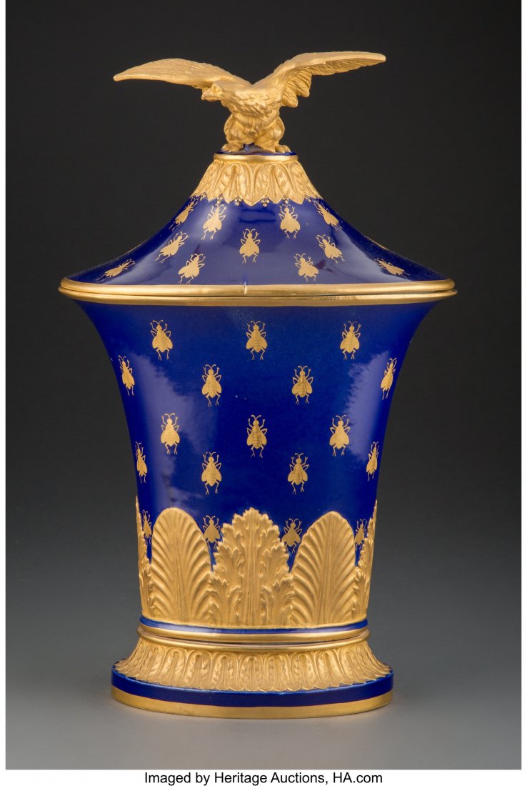A French Sèvres-Style Gilt Porcelain Cove: A French Sèvres-Style Gilt Porcelain Covered Vase with Eagle Finial, late 19th century Marks: (marks effaced) 16 x 9-3/4 x 5-7/8 inches (40.6 x 24.8 x 14.9 cm) Property from the Dr. David Mehle