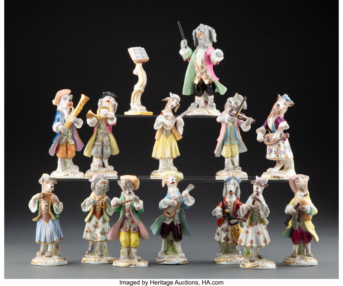 A Set of Thirteen French Porcelain Figures: Dog: A Set of Thirteen French Porcelain Figures: Dog Orchestra, late 19th-early 20th century Marks to twelve: PORCELAINE DE PARIS, (crossed batons), FRANCE 5-1/2 x 3-1/2 x 3 inches (14.0 x 8.9 x 7.6 cm) (t