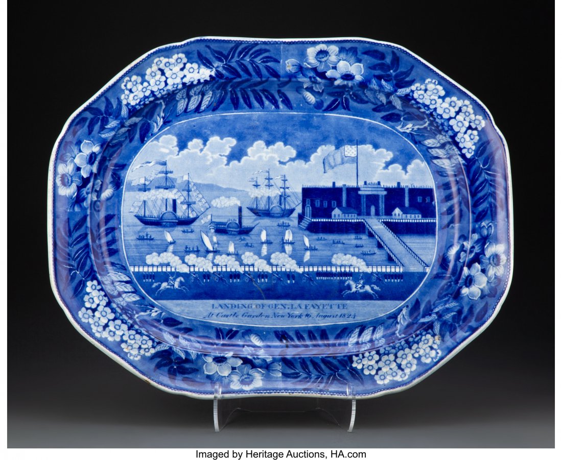 A James & Ralph Clews Landing of Lafayette Trans: A James & Ralph Clews Landing of Lafayette Transferware Pottery Tray, circa 1825 Marks: CLEWS, WARRANTED, STAFFORDSHIRE, (crown) 17 x 21-1/4 inches (43.2 x 54.0 cm) HID03101062020 © 2020 Heri