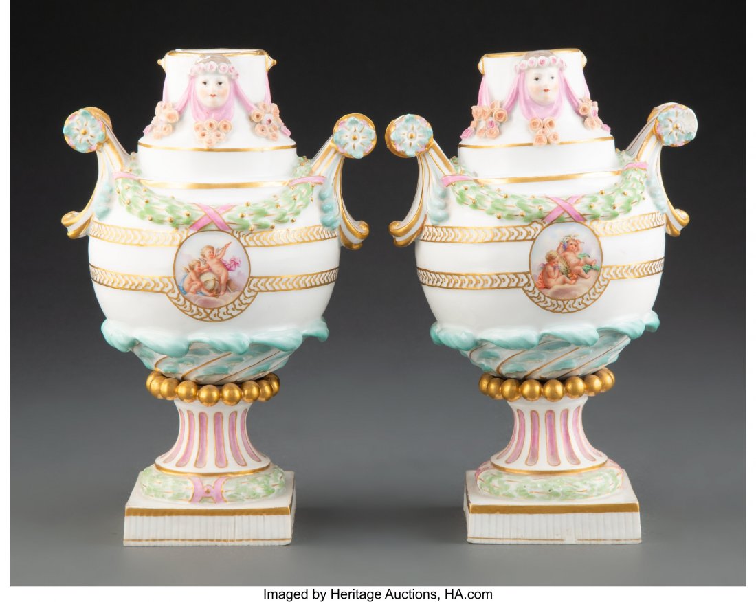 A Pair of Meissen Porcelain Urns, 19th century M: A Pair of Meissen Porcelain Urns, 19th century Marks: (crossed swords), E.8 7-1/2 x 4-3/4 x 4 inches (19.1 x 12.1 x 10.2 cm) HID03101062020 © 2020 Heritage Auctions | All Rights Reserved