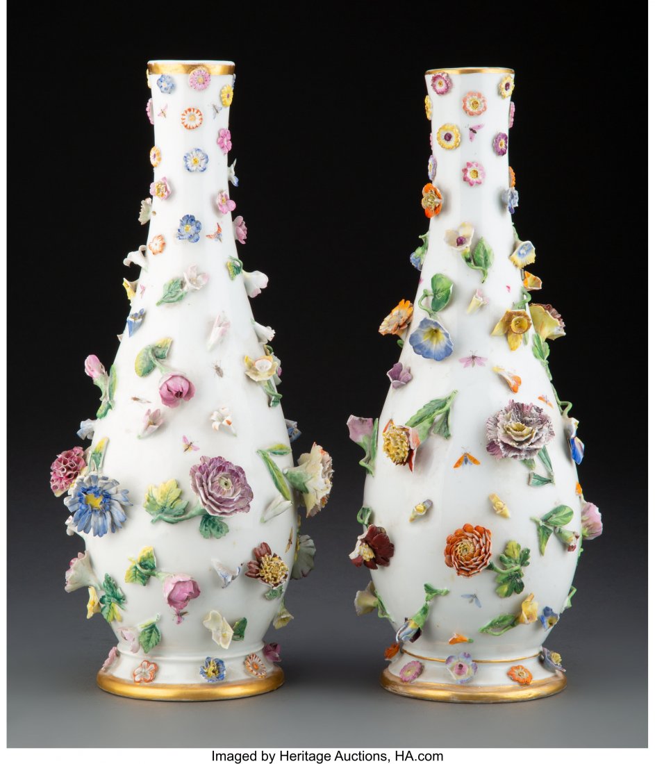 A Near Pair of Meissen Porcelain Floral Encruste: A Near Pair of Meissen Porcelain Floral Encrusted Vases, Germany, 19th century Marks to one example: (crossed swords in underglaze blue), 2 Marks to other example: (crossed swords in underglaze blue),