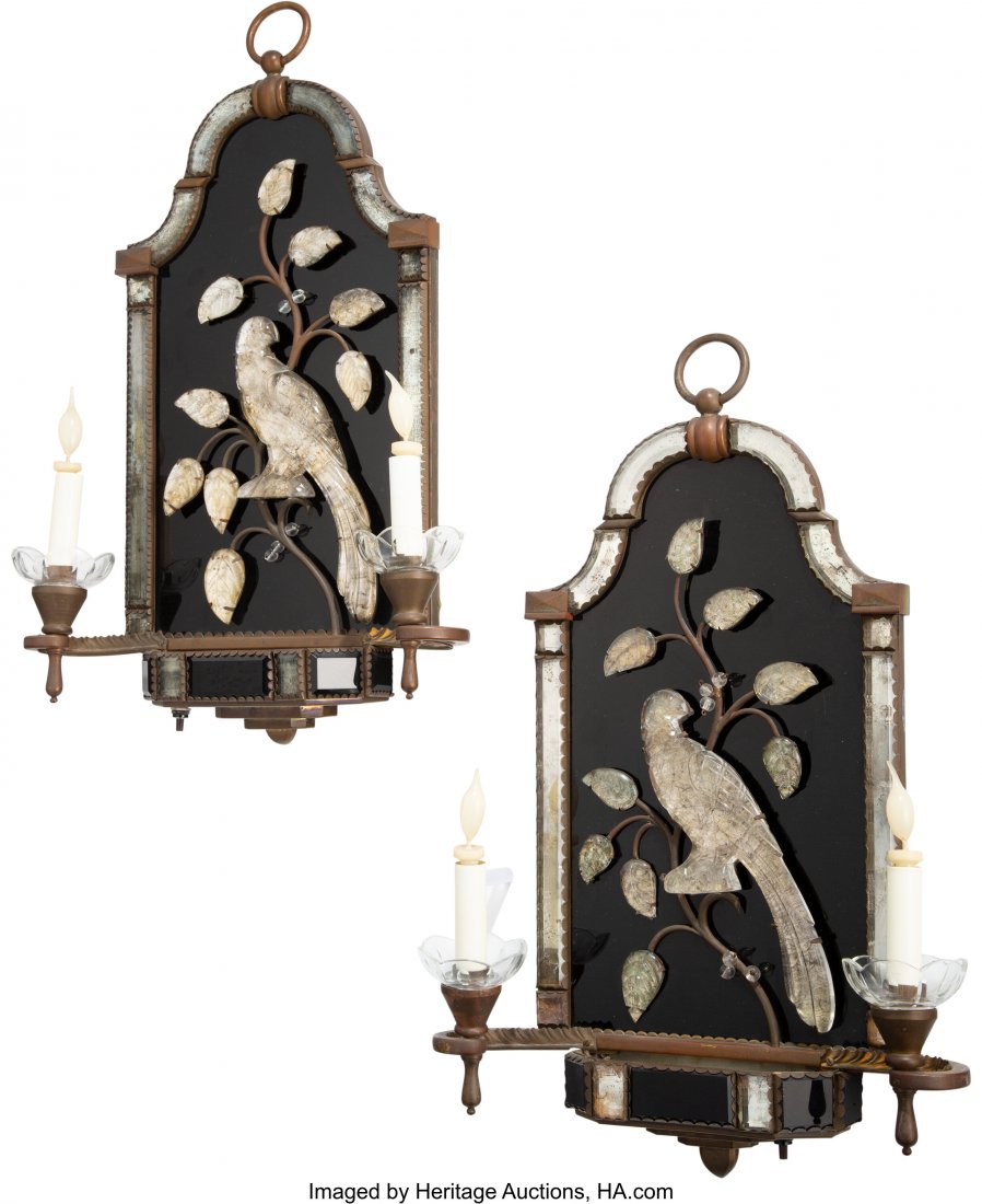 A Pair of Maison Baguès-Style Glass and M: A Pair of Maison Baguès-Style Glass and Metal Wall Sconces, 20th century 22 x 14 x 4-1/2 inches (55.9 x 35.6 x 11.4 cm) (each) HID03101062020 © 2020 Heritage Auctions | All Rights Reserved