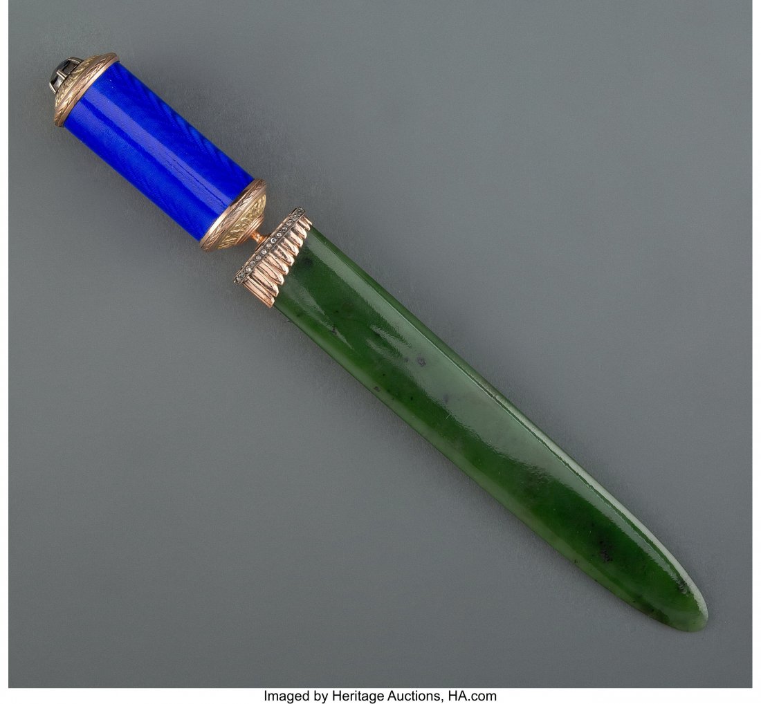 A Spinach Jade, 14K Vari-Color Gold, Diamond, Gu: A Spinach Jade, 14K Vari-Color Gold, Diamond, Guilloché Enamel, and Cabochon-Mounted Paper Knife in the Manner of Fabergé, late 20th century 9 x 1 inches (22.9 x 2.5 cm) Property from a 