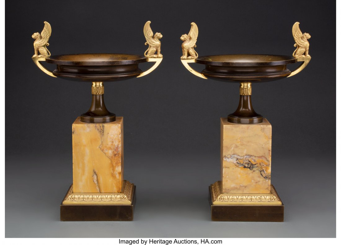 A Pair of French Late Empire Gilt and Patinated : A Pair of French Late Empire Gilt and Patinated Bronze Tazze, early 19th century 10-1/2 x 7 x 5-1/2 inches (26.7 x 17.8 x 14.0 cm) Property from the Dr. David Mehler Collection PROVENANCE: Sotheby's, 