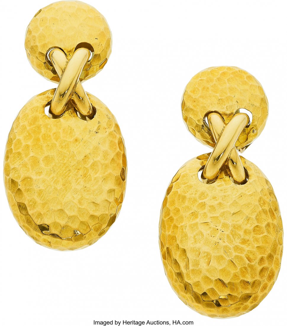 Gold Earrings, Van Cleef & Arpels The 18k gold: Gold Earrings, Van Cleef & Arpels The 18k gold hammered earrings weigh 33.60 grams, marked VCA 3V708-1. Dimensions: 2 inches x 1 inch *Note: earrings are designed for non-pierced ears and are easi