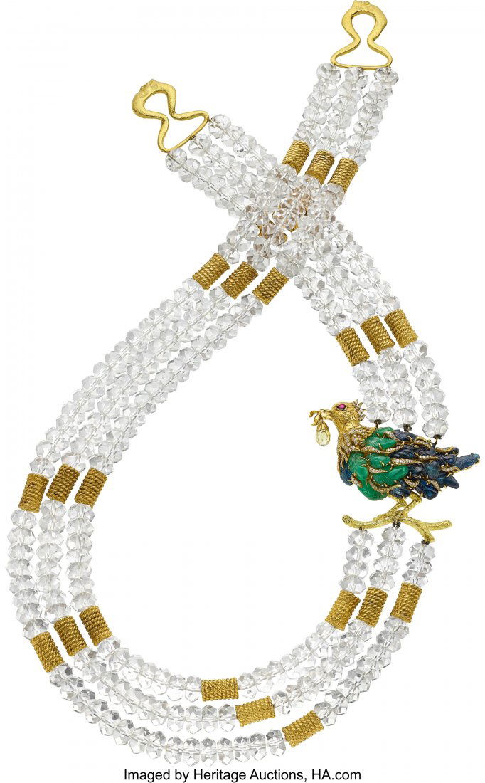 Diamond, Multi-Stone, Gold Necklace, Julius Cohe: Diamond, Multi-Stone, Gold Necklace, Julius Cohen The necklace is composed of faceted rock crystal quartz beads measuring 9.00 x 5.00 mm, forming three unknotted strands, interspersed with 18k gold co