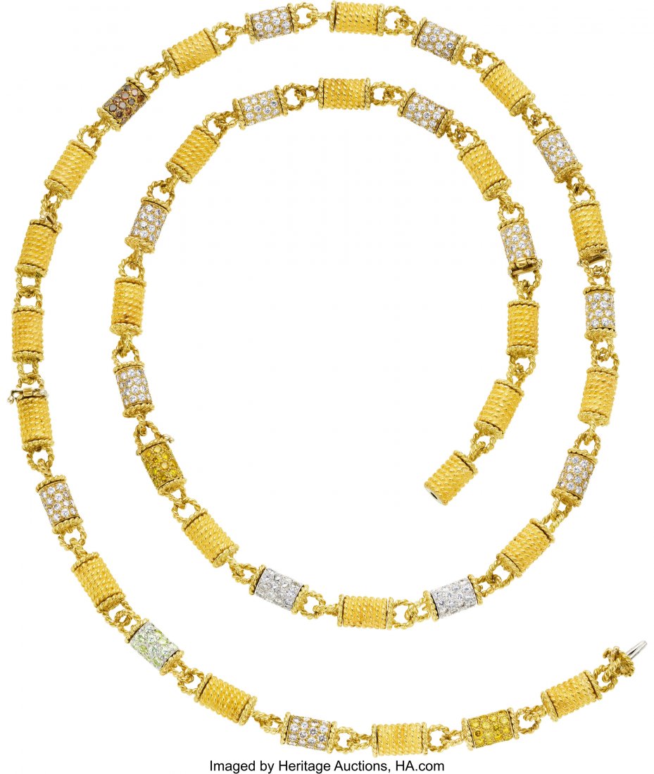 Colored Diamond, Diamond, Gold Convertible Neckl: Colored Diamond, Diamond, Gold Convertible Necklace, Julius Cohen The convertible necklace features near-colorless full-cut diamonds weighing a total of approximately 20.00 carats, enhanced by full-cu