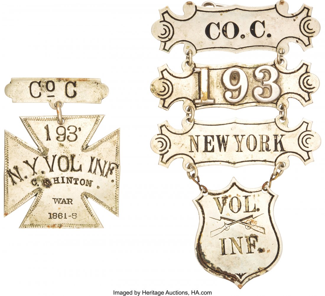 Pair of Badges Belonging to Charles Hinton of th: Pair of Badges Belonging to Charles Hinton of the 193rd New York Infantry. Two badges owned by Private Hinton. The first being a ladder badge measures 3 1/4" in length and 2" across which shows his co
