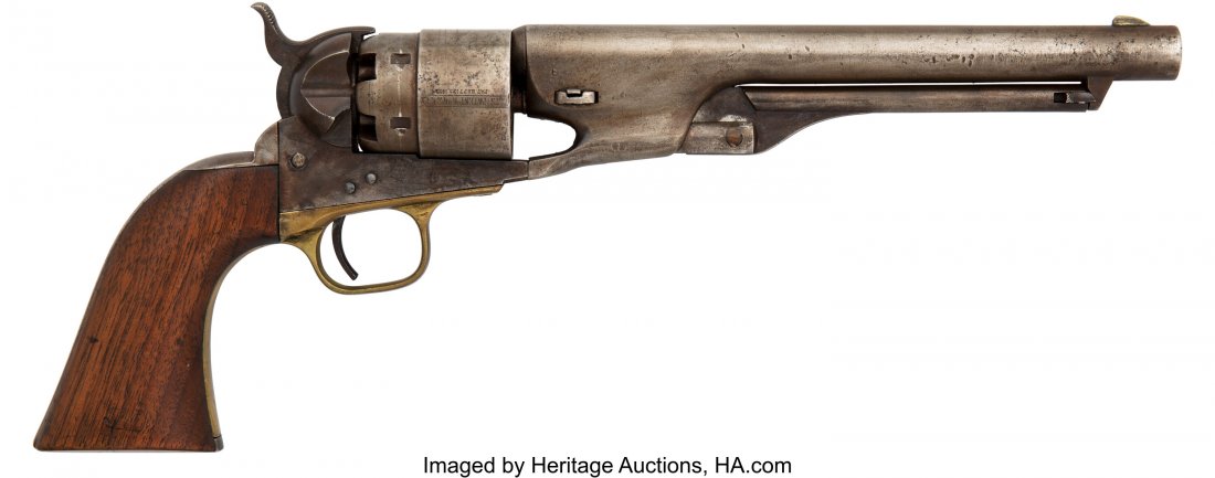 Colt Model 1860 Army Percussion Revolver. Seri: Colt Model 1860 Army Percussion Revolver. Serial no. 137260 [barrel, frame, triggerguard, cylinder and butt], .44 caliber, 8-inch barrel with fixed front sight. Blued and case-hardened finish. COLT'S 