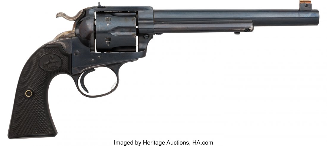 Colt Bisley Model Flattop Single Action Revolver: Colt Bisley Model Flattop Single Action Revolver. Serial no. 167714 [frame, triggerguard and butt], .32 W.C.F. caliber, 7 1/2-inch barrel with fixed front sight and frame notch rear sight. Blued finis