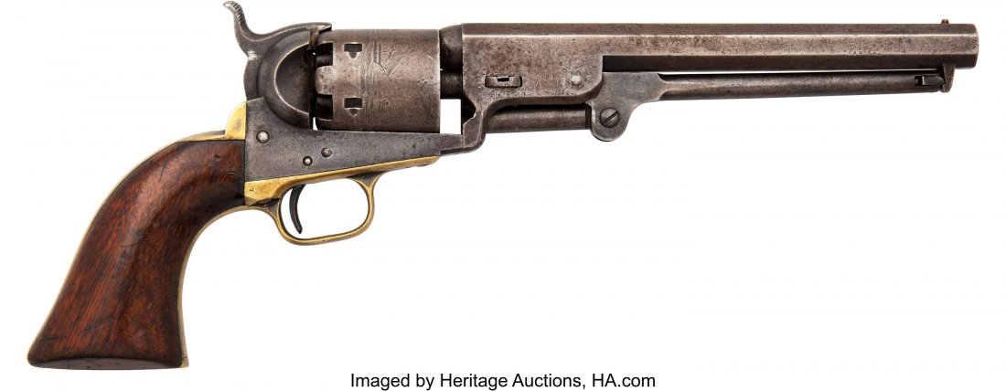 Colt Model 1851 Navy Percussion Revolver. Seri: Colt Model 1851 Navy Percussion Revolver. Serial no. 13283 [barrel, frame, triggerguard, cylinder and butt], .36 caliber, 7 1/2-inch octagonal barrel with fixed front sight. Blued and case-hardened fi