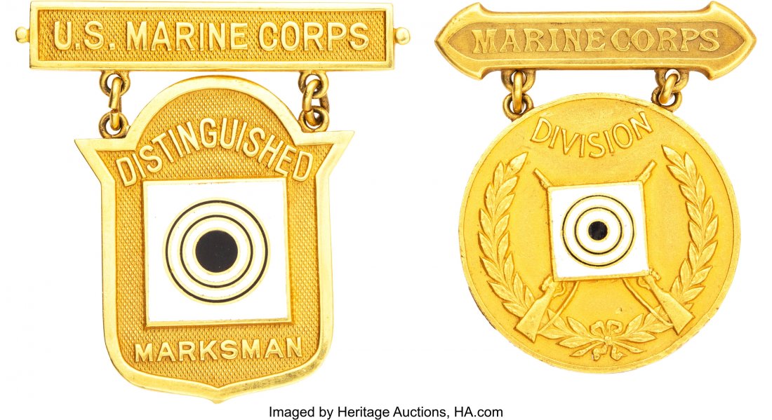 Pair of USMC Gold Badges for Marksman and Divisi: Pair of USMC Gold Badges for Marksman and Division Champion SSGT. Robert H. Blackett. Desirable pair of badges awarded Blackett in 1953 and 1954, one for Marksman and the other Division Champion. The