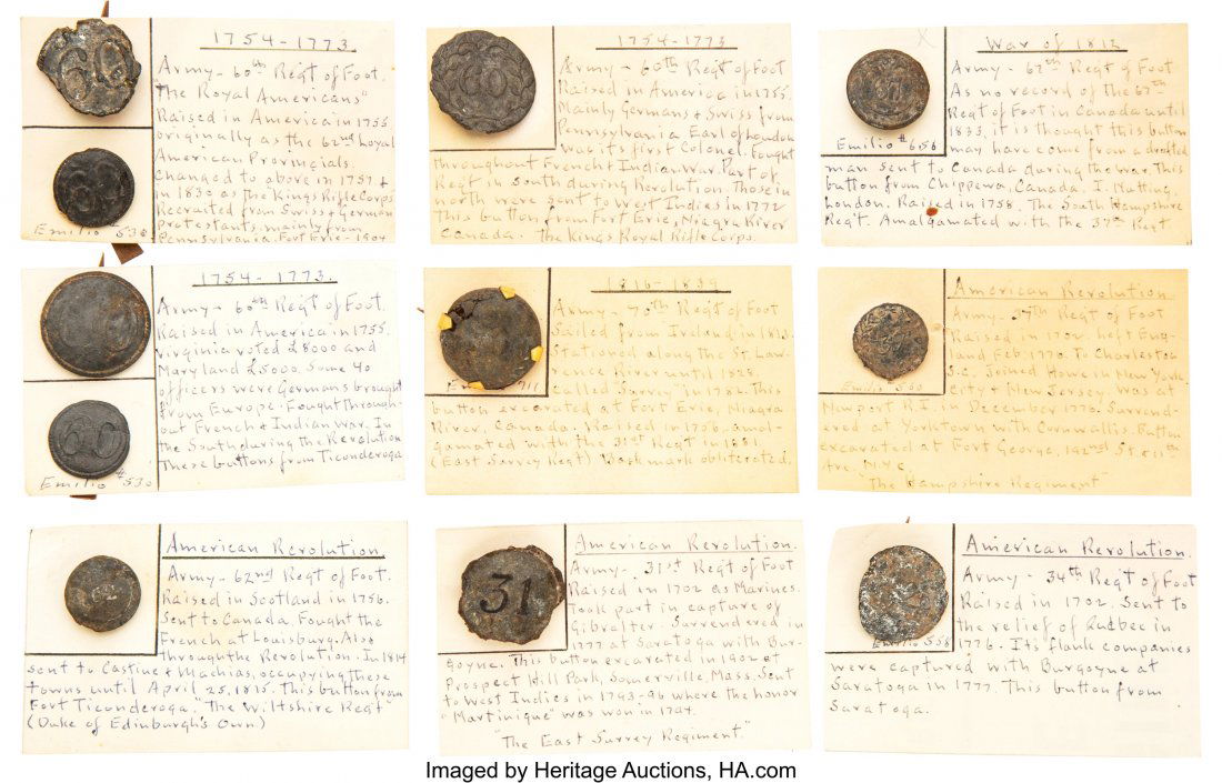 Revolutionary War and War of 1812: Relic Buttons: Revolutionary War and War of 1812: Relic Buttons on Display Cards. A collection of sixty-seven [67] buttons mounted to fifty-three [53] display cards with identification of the units represented. Grea