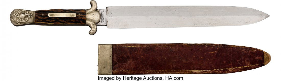 James Westa Sheffield Bowie Knife with Sheath.: James Westa Sheffield Bowie Knife with Sheath. Approximately 14 1/2-inches overall with a 9 1/2-inch spearpoint blade, double edged blade . Ricasso marked JAS. WESTA/LORD STREET/SHEFFIELD and DCL obve