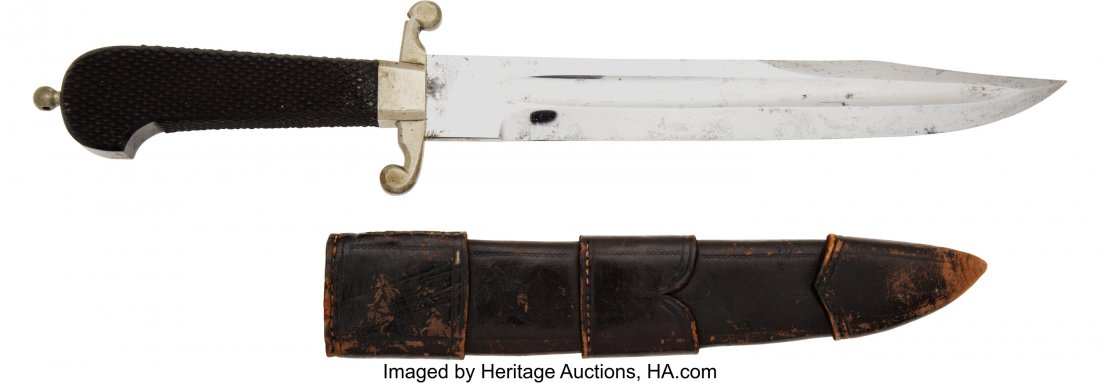 Massive Bowie Knife by J. Drew and Sons. Appro: Massive Bowie Knife by J. Drew and Sons. Approximately 16-inches overall with a 10-inch clip point blade. The false edge is sharp. Blade marked EXPLORER. Ricasso marked J. DREW & SON / 33 & 37