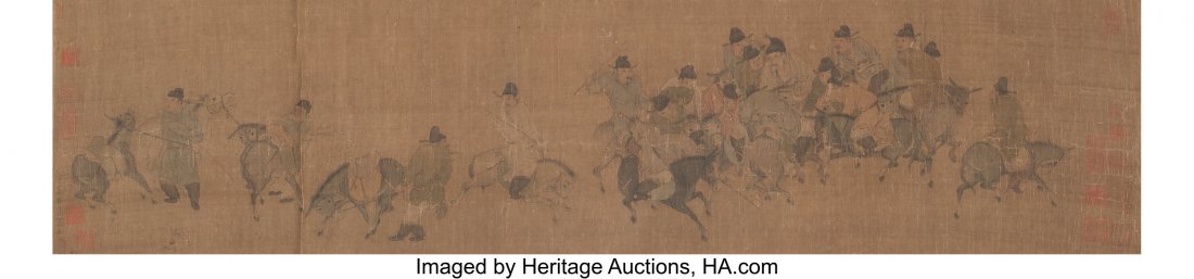 Chinese School, After Li Song (Song Dynasty) Rid: Chinese School, After Li Song (Song Dynasty) Riders on Horseback, Song Dynasty Handscroll, ink and color on silk 44 x 10-1/2 inches (111.8 x 26.7 cm) Sixteen red seals The ink and color on silk painti