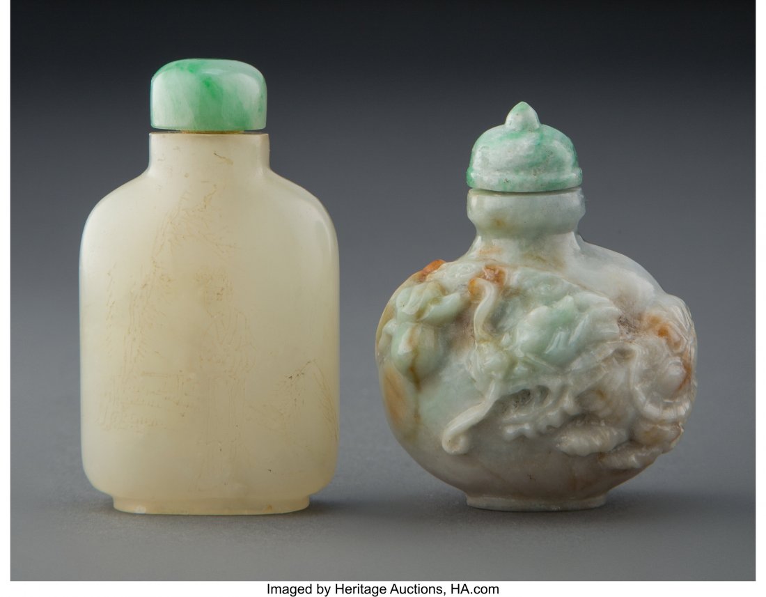 Two Chinese Carved Jadeite Snuff Bottles 2-1/2 i (1 of 2)