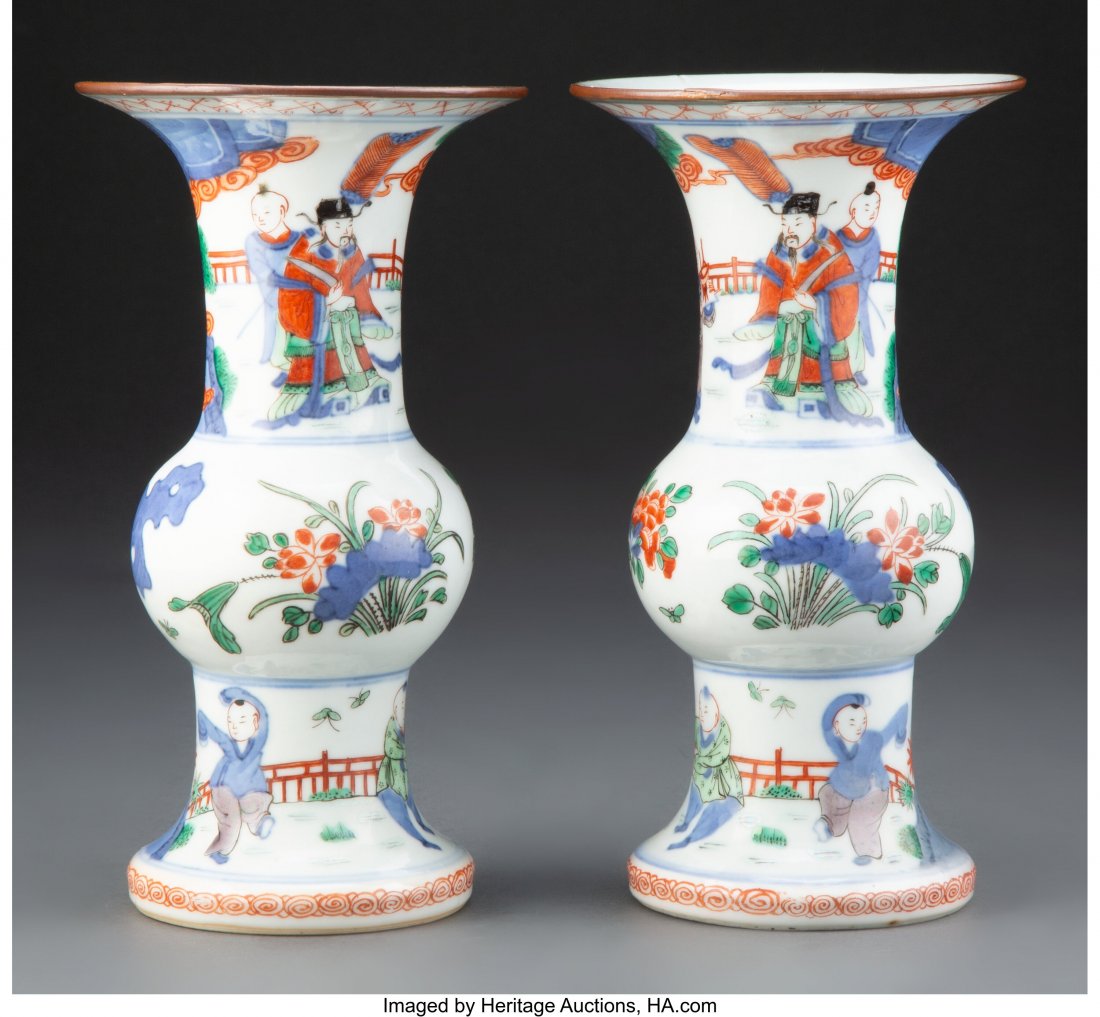 A Pair of Chinese Wucai Vases, Qing Dynasty, Kan (1 of 3)