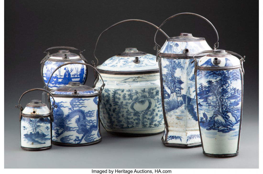 A Group of 6 Chinese Bronze Mounted Blue and Whi (1 of 3)