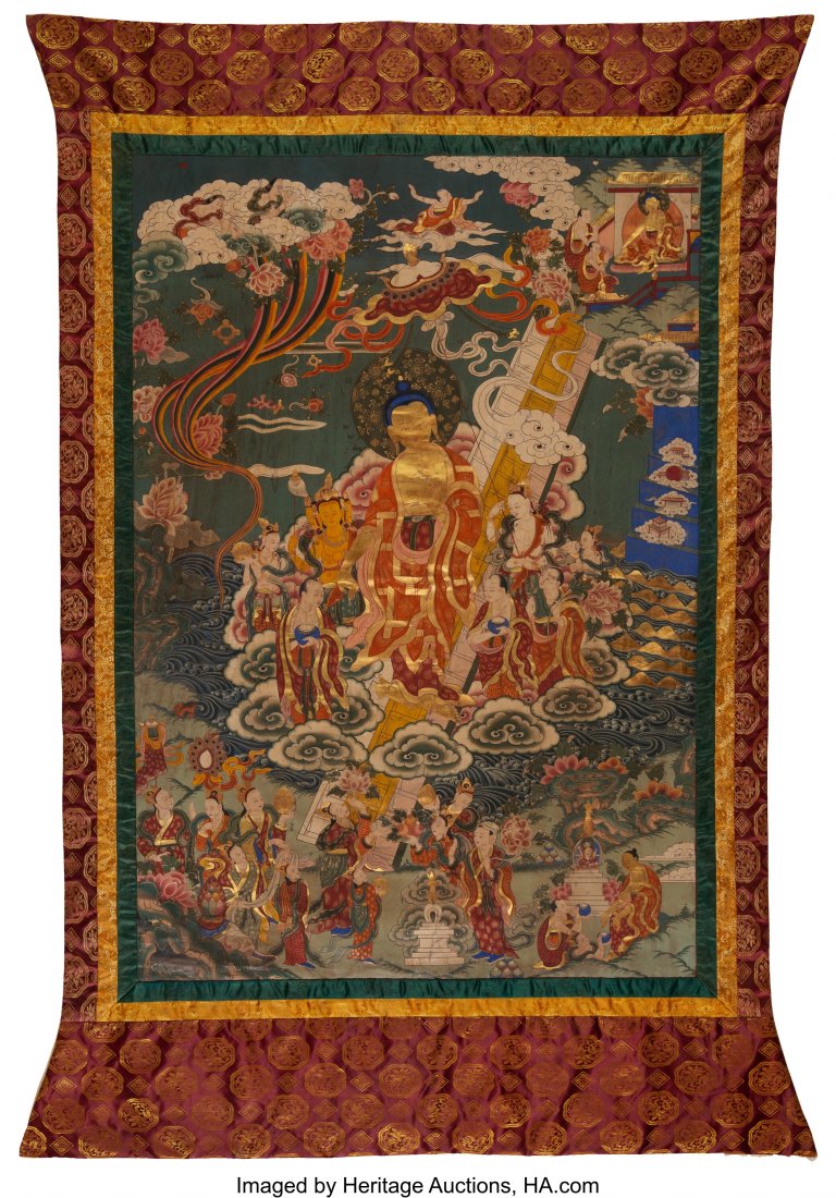 A Tibetan Painted Silk Thangka Depicting Shakyam (1 of 2)