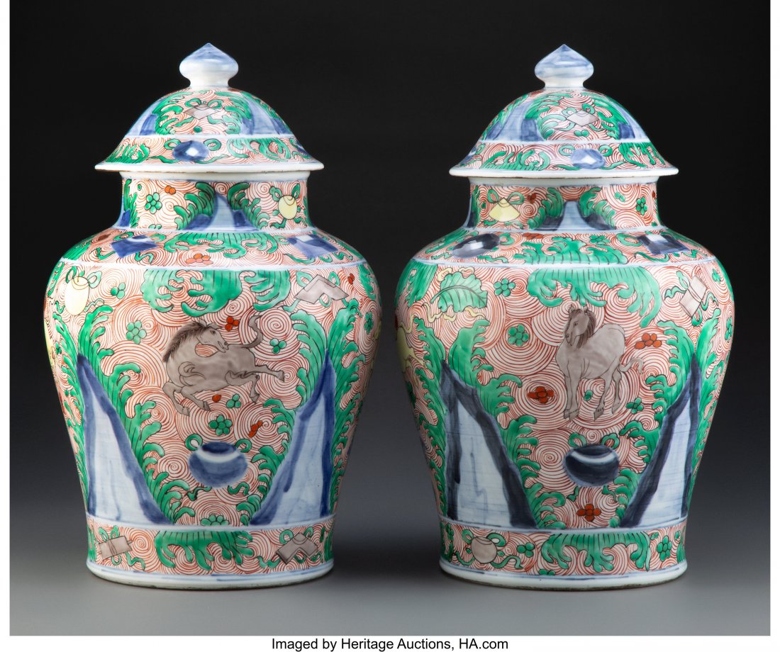 A Pair of Chinese Wucai Covered Jars 16 x 9 inch (1 of 2)