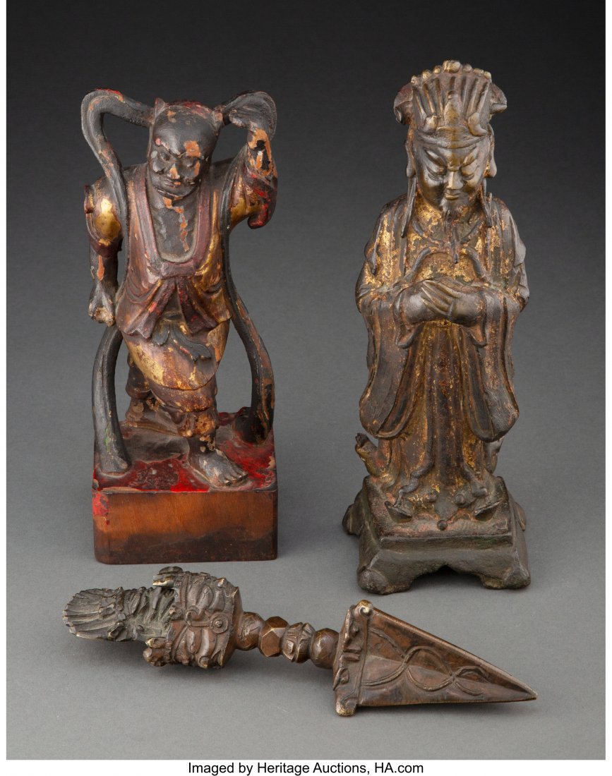 A Chinese Bronze Deity and Chinese Carved Wood W (1 of 2)