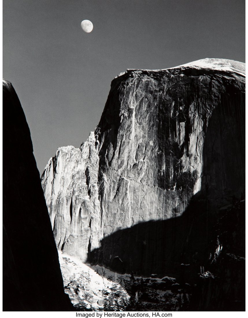 Ansel Adams (American, 1902-1984) Moon and Half : Ansel Adams (American, 1902-1984) Moon and Half Dome, Yosemite National Park, California, 1960 Gelatin silver, printed later by Alan Ross 9-1/2 x 7-1/2 inches (24.1 x 19.1 cm) Initialed by Alan Ross i