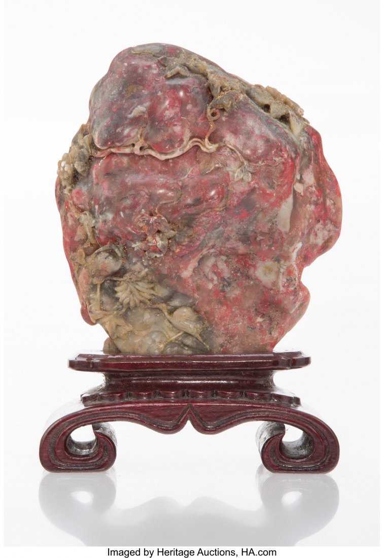 A Chinese Carved Chicken Blood Stone Cranes 4-5/: A Chinese Carved Chicken Blood Stone Cranes 4-5/8 x 4-1/4 x 1-1/2 inches (11.7 x 10.8 x 3.8 cm) Property from the Estate of Stuart Cutshall, Dallas The lot includes a carved wood stand. HID03101062020