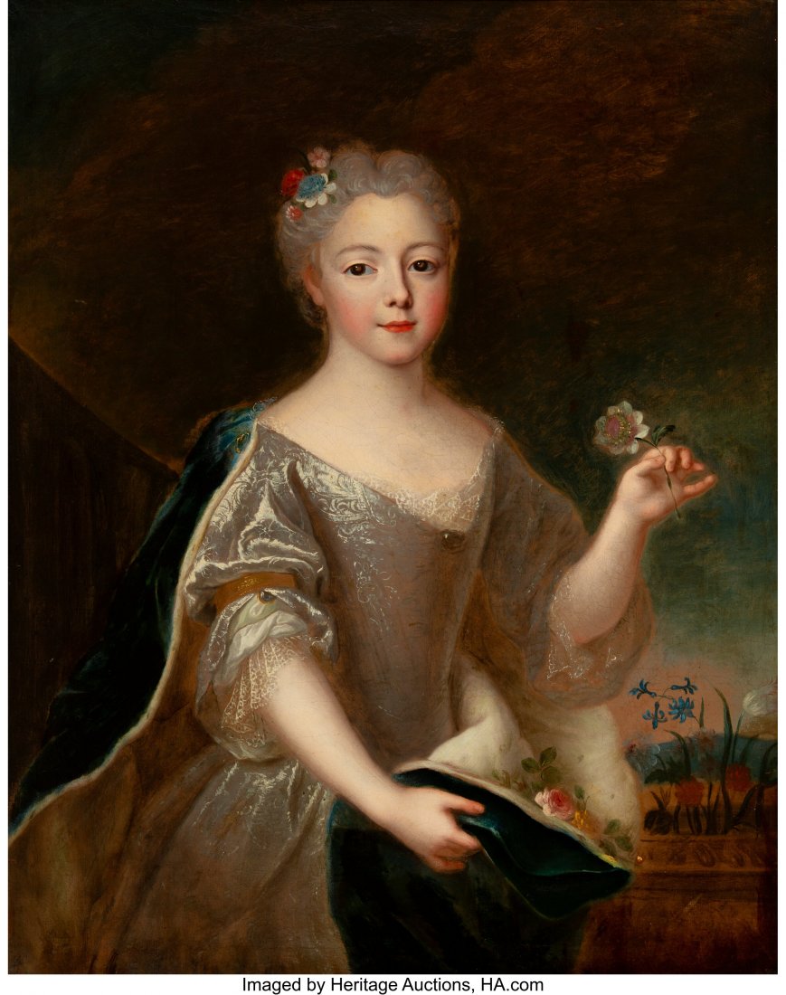 Continental School Portrait of a Young Girl Wear: Continental School Portrait of a Young Girl Wearing a Silver Gown and Ermine Robe Holding a Flower Oil on canvas 32-1/2 x 25-3/4 inches (82.6 x 65.4 cm) HID03101062020 © 2020 Heritage Auctions | 