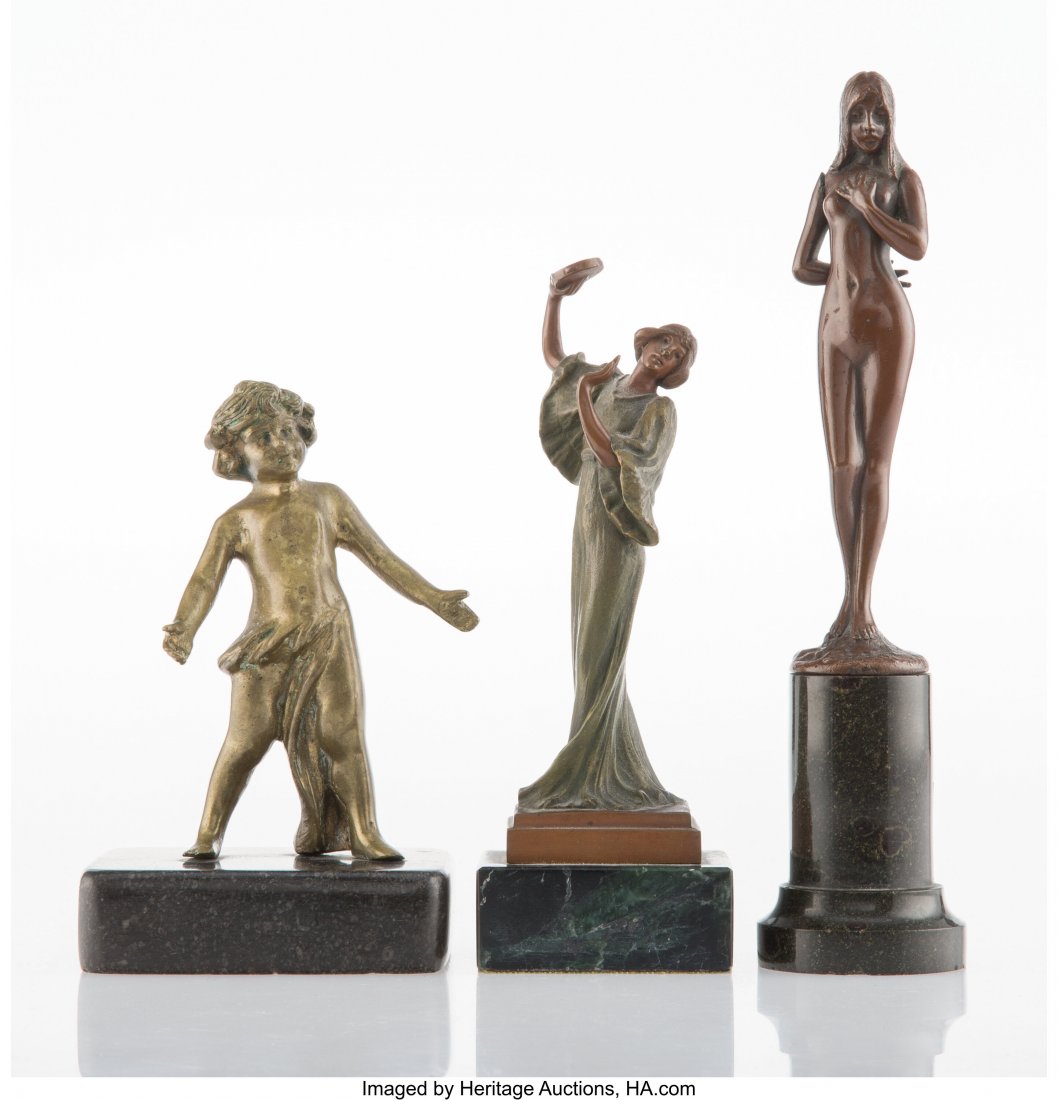 Three Various Bronze Miniature Statues 7-3/4 inc: Three Various Bronze Miniature Statues 7-3/4 inches (19.6 cm) (tallest female nude) The lot comprising a cold painted bronze Woman with Tambourine signed George, a gilt bronze Boy with Drape and a bro