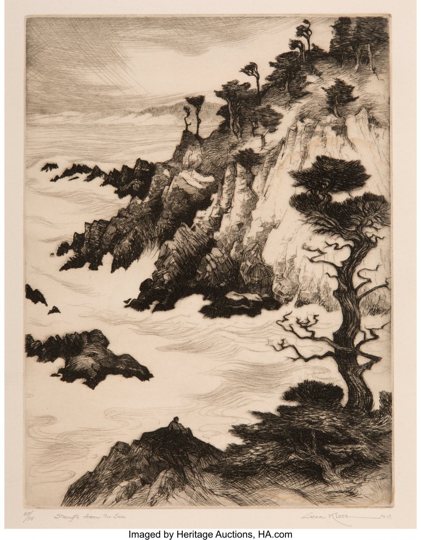 Gene Kloss (American, 1903-1996) Strength From t: Gene Kloss (American, 1903-1996) Strength From the Sea, Singers Over the Bridge, and Mesa Verde Cliff Dwelling (three works) Etching and dry point on paper, each 11 x 13-7/8 inches (27.9 x 35.2 cm) (l