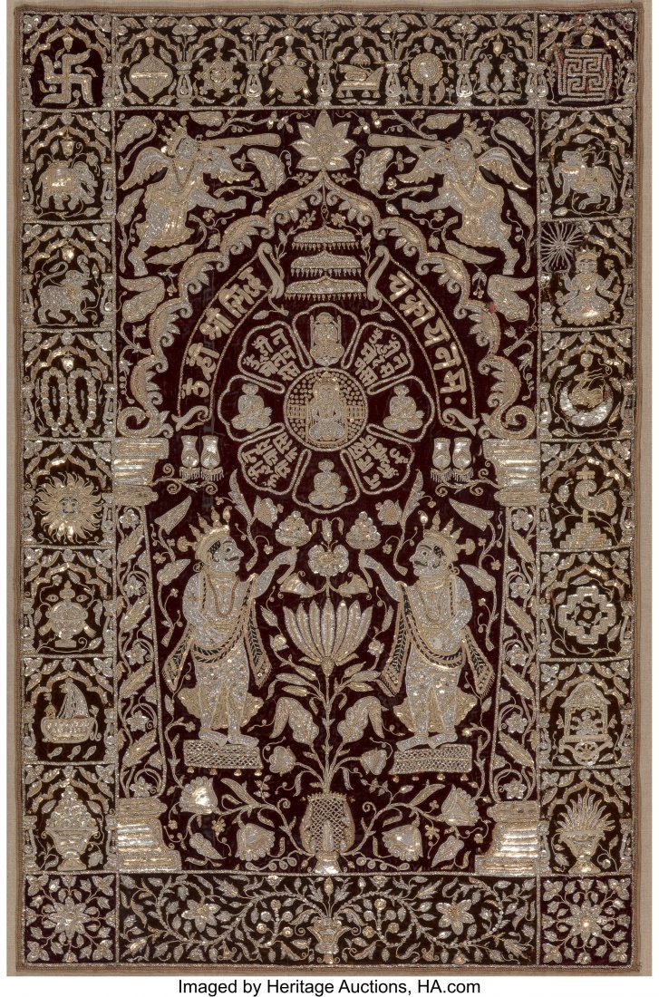 An Indian Silver Embroidered Tapestry 49 x 31 in: An Indian Silver Embroidered Tapestry 49 x 31 inches (124.5 x 78.7 cm) (work) Property from the Estate of Stuart Cutshall, Dallas The tapestry is embroidered with silver and gold thread and sequins on