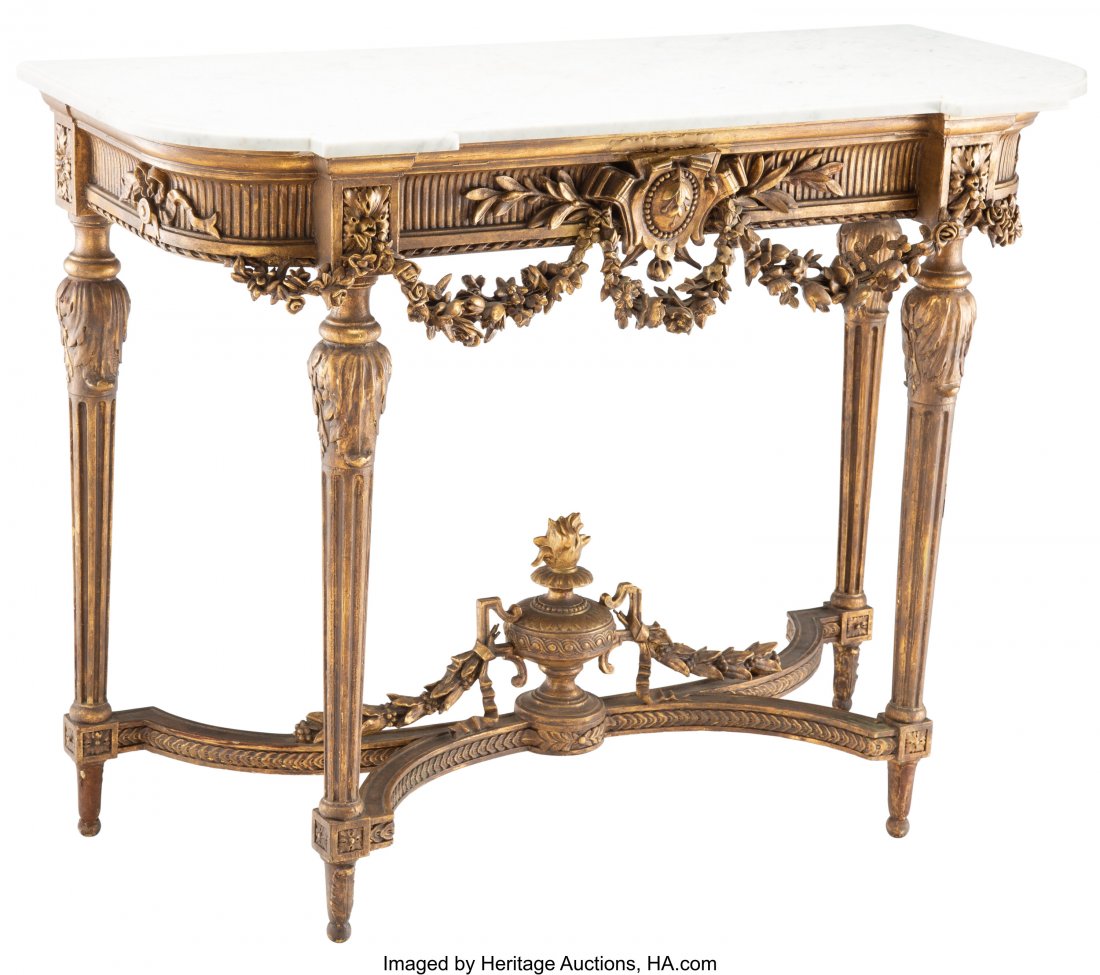 A French Louis XIV-Style Gilt Wood Console with : A French Louis XIV-Style Gilt Wood Console with Marble Top, 20th century 37 x 47-1/2 x 20-3/8 inches (94.0 x 120.7 x 51.9 cm) HID03101062020 © 2020 Heritage Auctions | All Rights Reserved