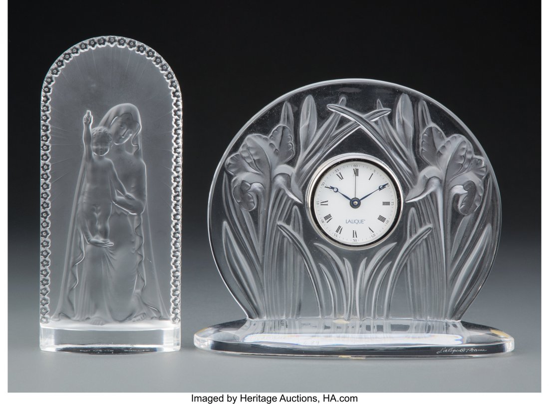 Two Lalique Clear and Frosted Glass Table Articl: Two Lalique Clear and Frosted Glass Table Articles, post-1945 Marks: Lalique, France, (various) 6-1/2 x 7-7/8 x 3-1/2 inches (16.5 x 20.0 x 8.9 cm) (largest, clock) The lot comprising one Iris clock a