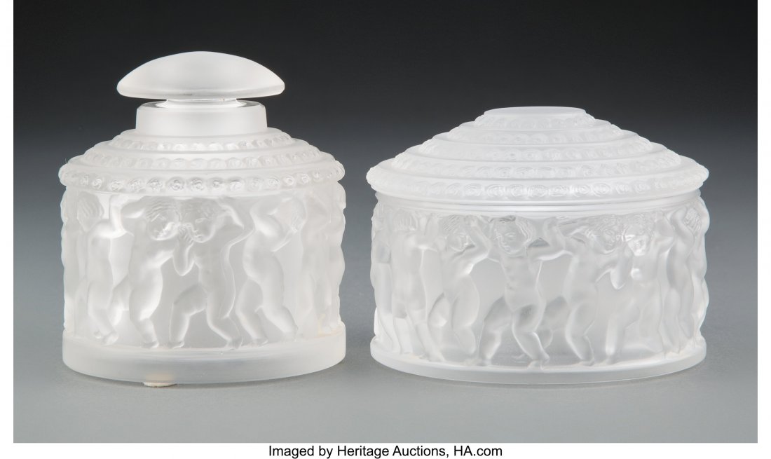 Two Lalique L'Enfants Frosted Glass Vanity Artic: Two Lalique L'Enfants Frosted Glass Vanity Articles, post-1945 Marks: Lalique, France 4 x 3-5/8 inches (10.2 x 9.3 cm) Vanity jar in original Cristal Lalique box. HID03101062020 © 2020 Heritage A