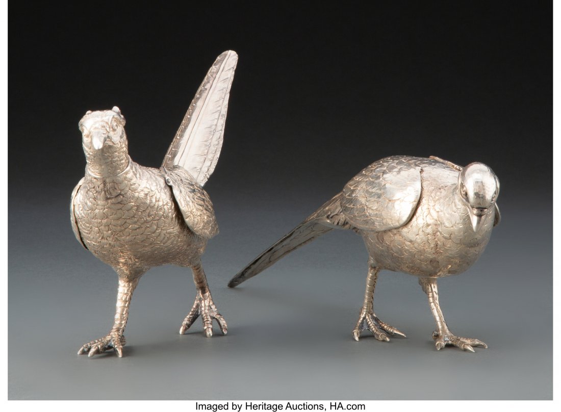 Two German Silver Pheasant Figures, 20th century: Two German Silver Pheasant Figures, 20th century Marks: 800, (crescent), (crown) 4-3/8 x 10-1/8 inches (11.2 x 25.7 cm) (tallest) 16.4 troy ounces HID03101062020 © 2020 Heritage Auctions | All Ri