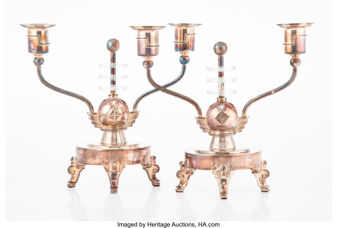 A Pair of Barbour Silver Co. Silver-Plate and Lu: A Pair of Barbour Silver Co. Silver-Plate and Lucite Candelabra, 20th century Marks: Barbour, 6895 9 x 10 x 5-1/4 inches (22.9 x 25.4 x 13.3 cm) (each) HID03101062020 © 2020 Heritage Auctions | A