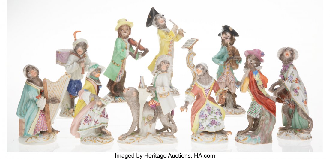 Eleven Meissen Monkey Band Porcelain Figures, la: Eleven Meissen Monkey Band Porcelain Figures, late 19th-early 20th century Marks: (crossed swords in underglaze blue), (various) 5-3/4 x 2-1/2 inches (14.6 x 6.4 cm) (tallest, bagpiper) Property from