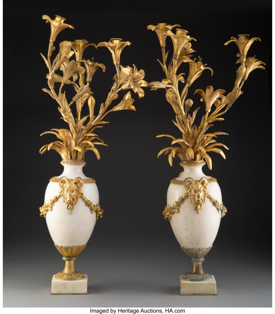 A Pair of Large Continental Louis XVI-Style Gilt: A Pair of Large Continental Louis XVI-Style Gilt Bronze and Marble Candelabra, 20th century 31 inches (78.7 cm) (each) HID03101062020 © 2020 Heritage Auctions | All Rights Reserved