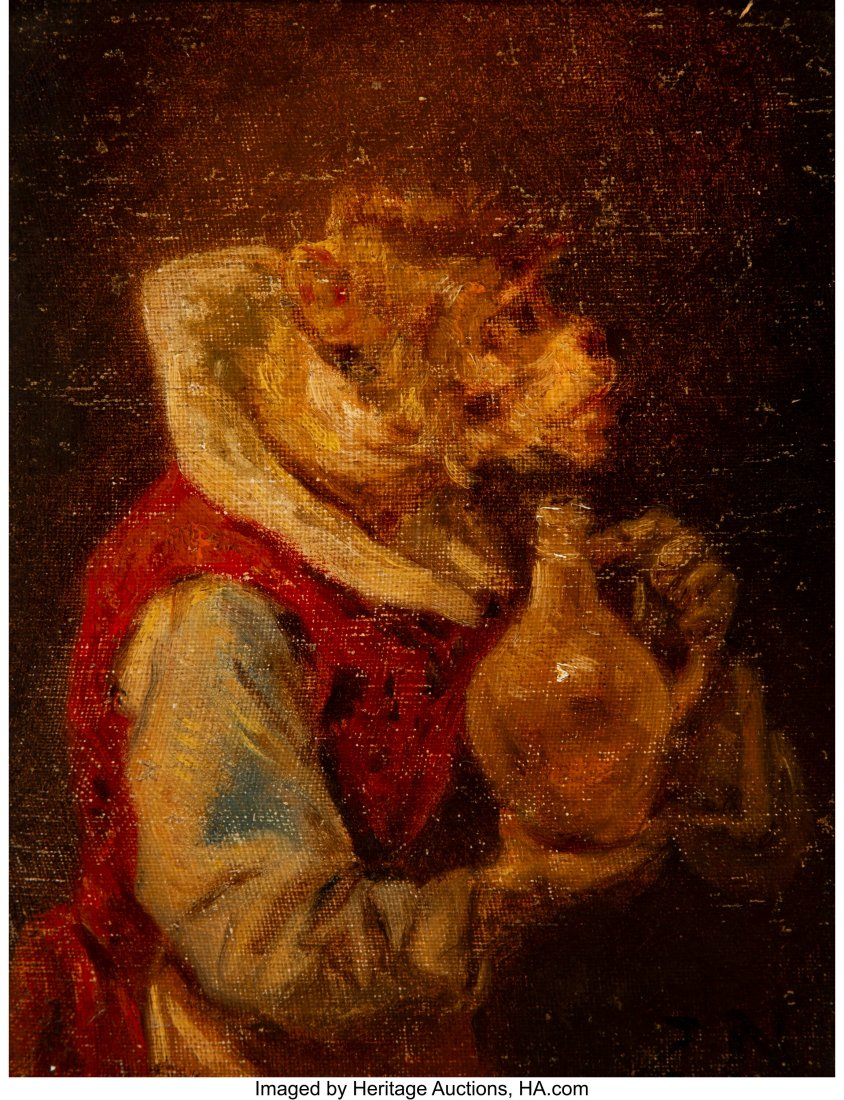 Zacharias Noterman (Belgian, 1820-1890) Monkey w: Zacharias Noterman (Belgian, 1820-1890) Monkey with water jug Oil on board 8 x 6 inches (20.3 x 15.2 cm) Initialed lower right: ZN Property from the Collection of Marcella Swarttz, Beverly Hills, Cali