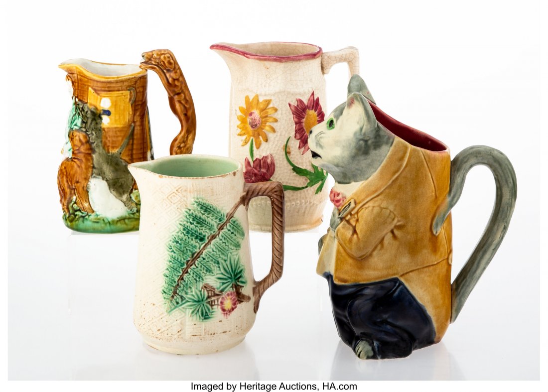 Four Continental Majolica Pitchers, late 19th-ea: Four Continental Majolica Pitchers, late 19th-early 20th century Marks to tallest: Z, 3,1, 0, hz 9-1/8 x 4-1/2 x 7 inches (23.2 x 11.4 x 17.8 cm) (tallest, cat pitcher) HID03101062020 © 2020 Heri